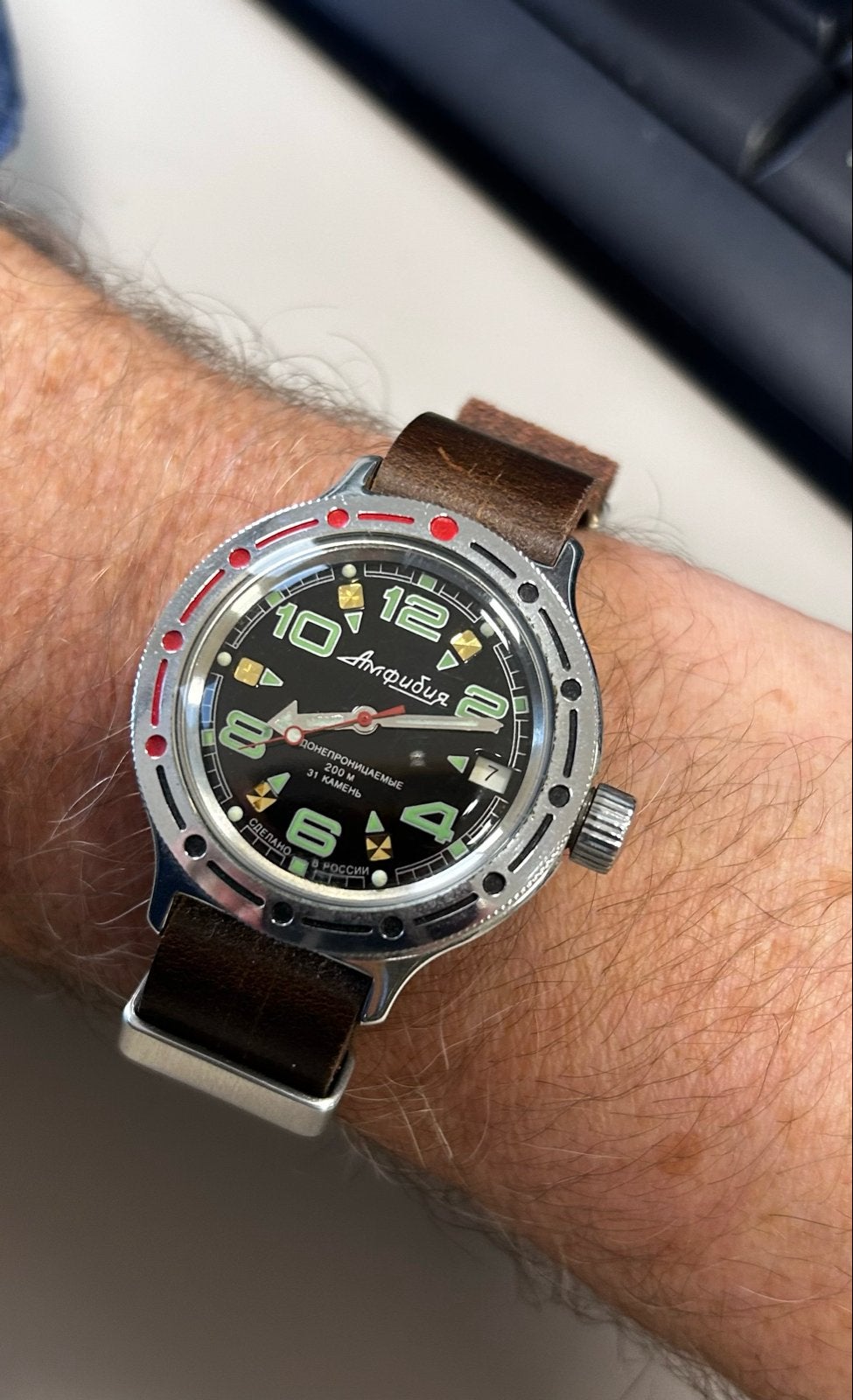 Ampudur/ Vostok Amphibia-Vintage in perfecte staat, automaat, Overige merken, Leer, Staal, Polshorloge