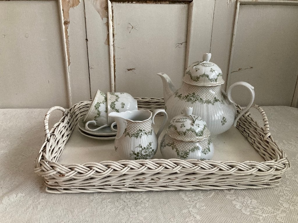 Vintage wit houten dienblad met rieten rand, Ophalen of Verzenden
