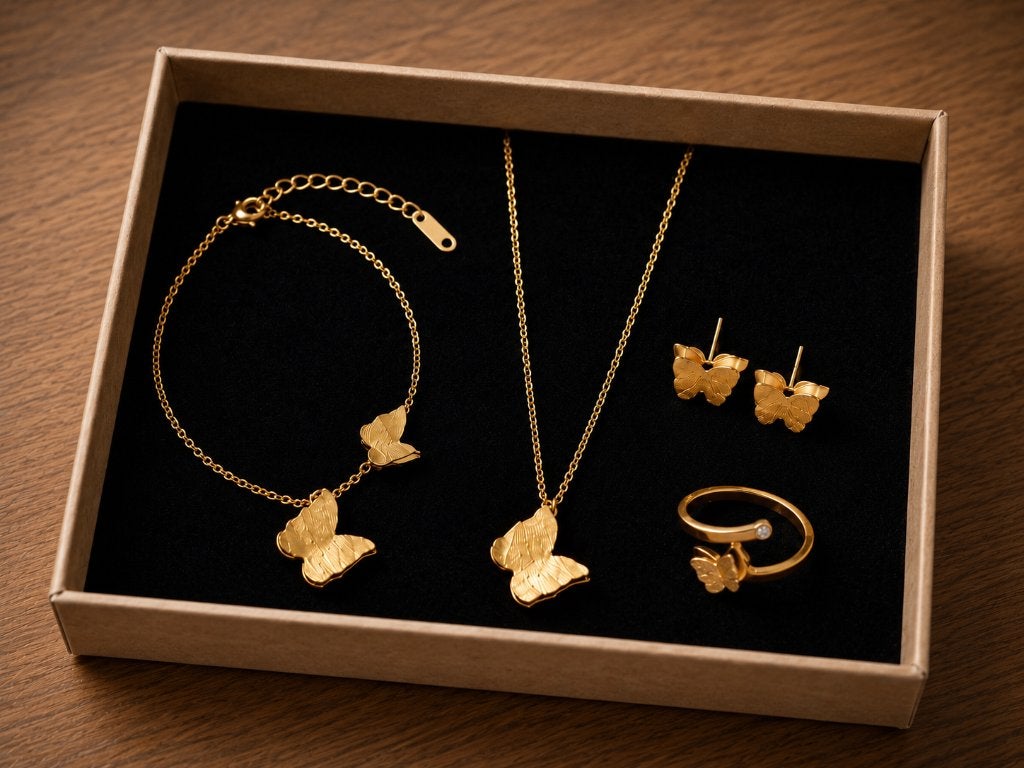 Vlinder sieraden set (stainless steel), Sieraden, Tassen en Uiterlijk, Antieke sieraden, Ophalen of Verzenden, Goud, Overige typen