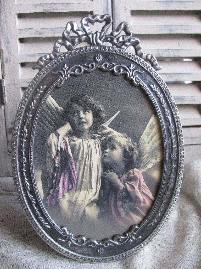 Vintage Zilver Kleurig Staande Fotolijst met Strik 19.5x13, Antiek en Kunst, Verzenden