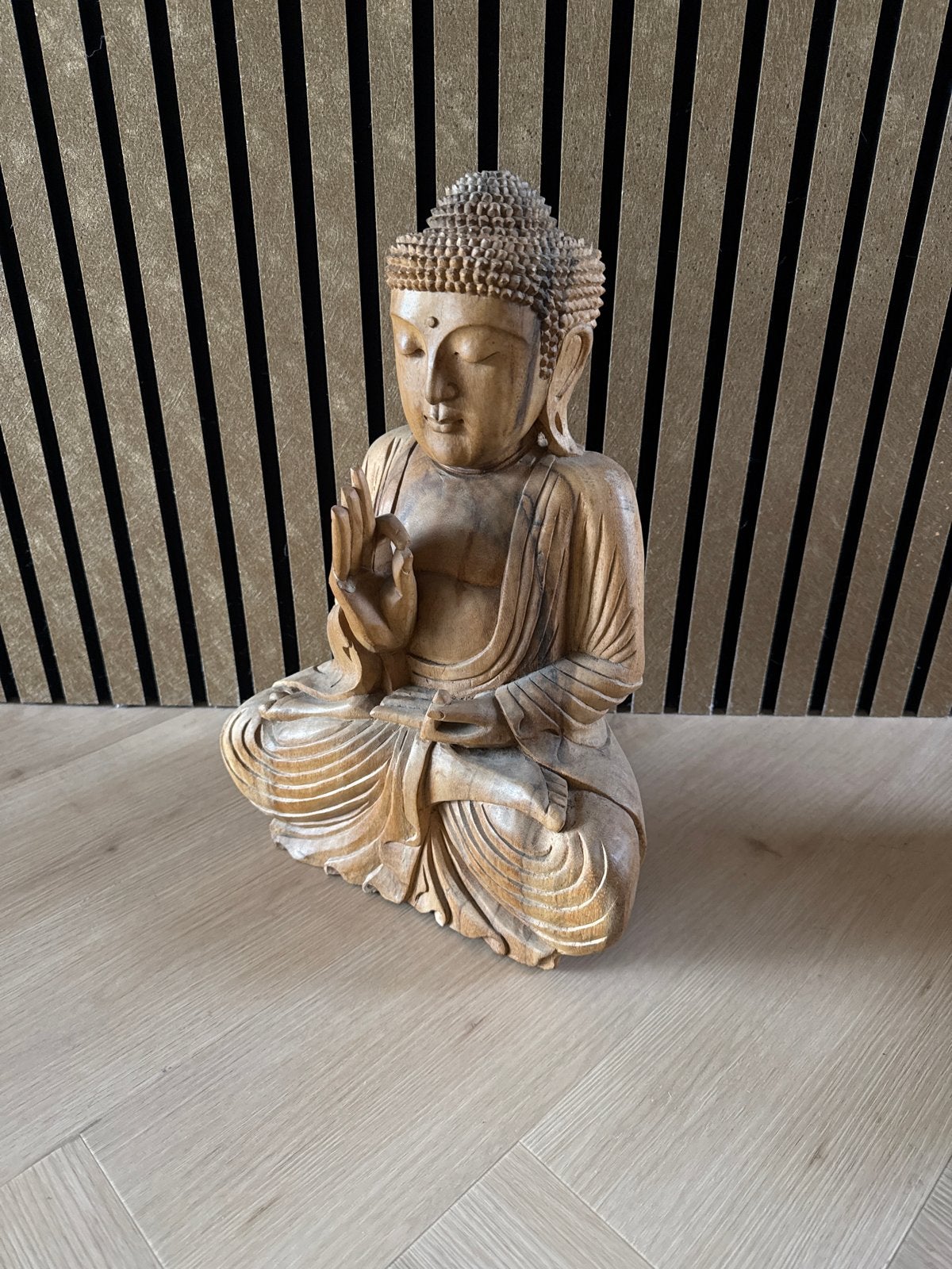 Prachtige handgesneden houten Boeddha beeld, Ophalen, Zo goed als nieuw, Hout, Bruin