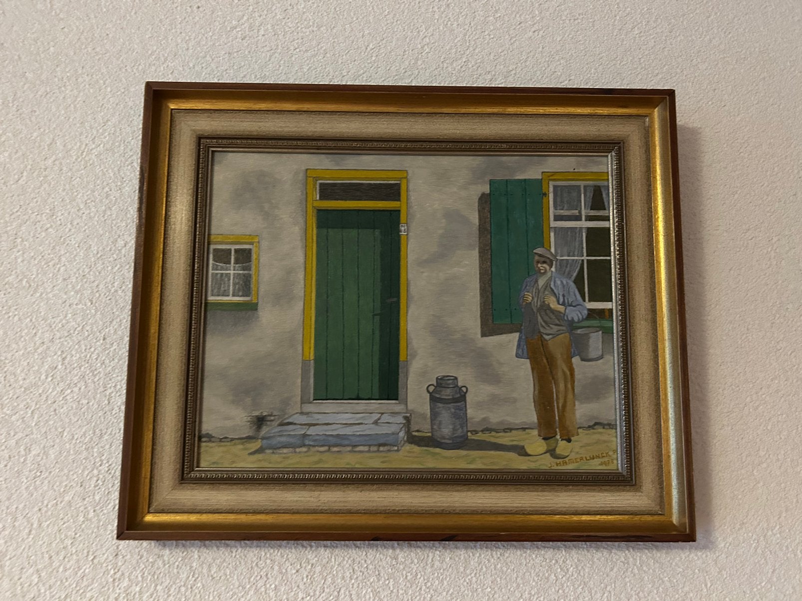 Schilderij boerenerf J. Hamerlijnck, Antiek en Kunst, Ophalen of Verzenden, Stads- / dorpsgezicht