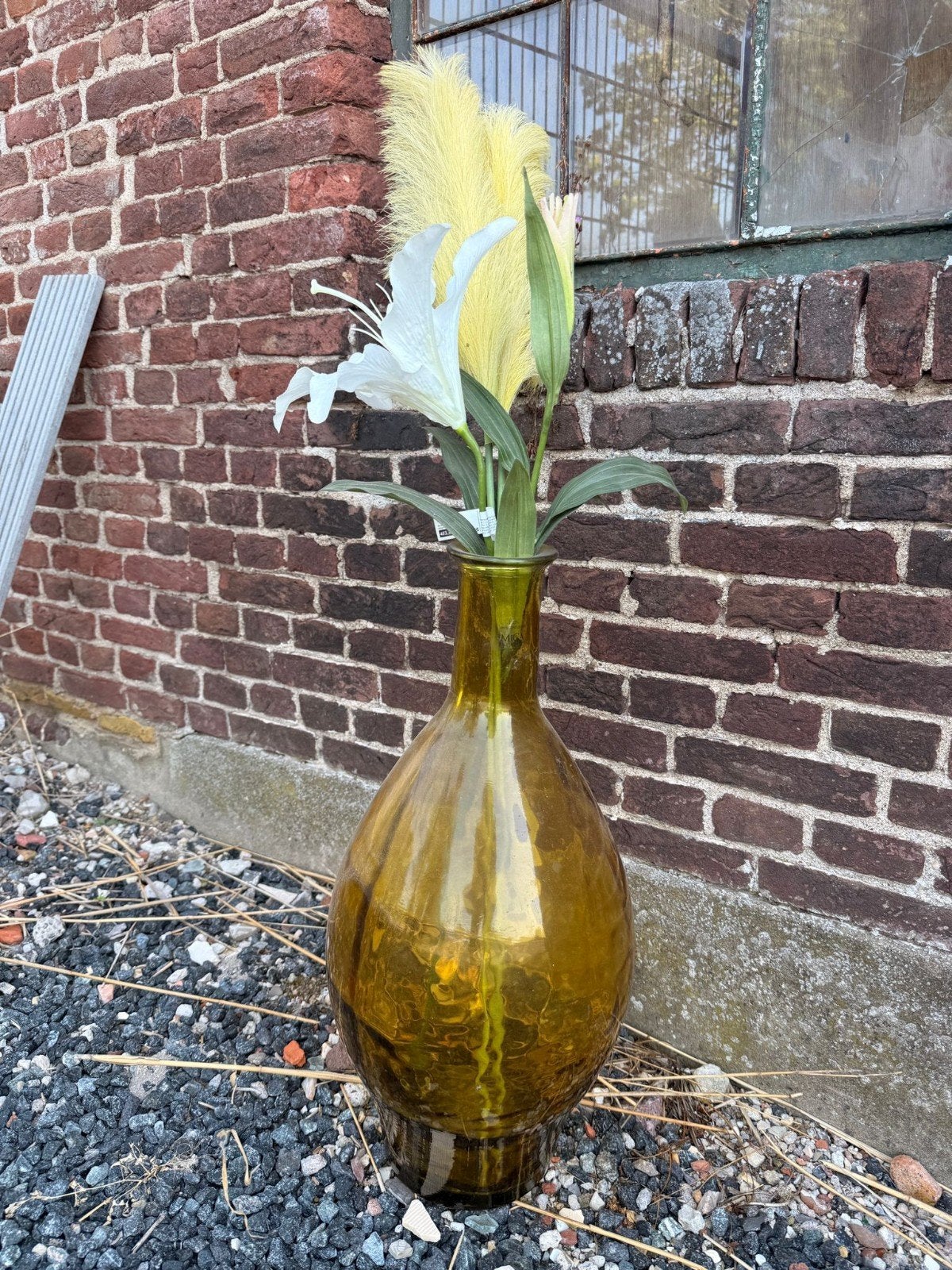 Grote Mica Vaas - Olijfgroen Glas - 65 cm hoog, Ophalen of Verzenden, Geel, Glas