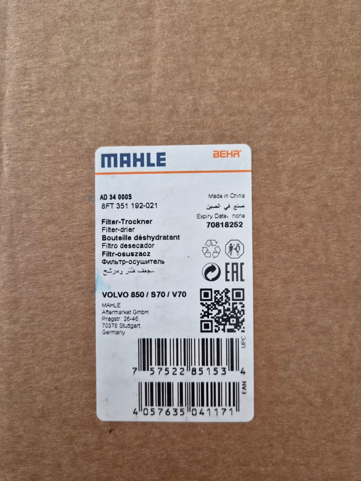 MAHLE Filter-droger voor Volvo 850/S70/V70, Ophalen of Verzenden, Nieuw, Volvo