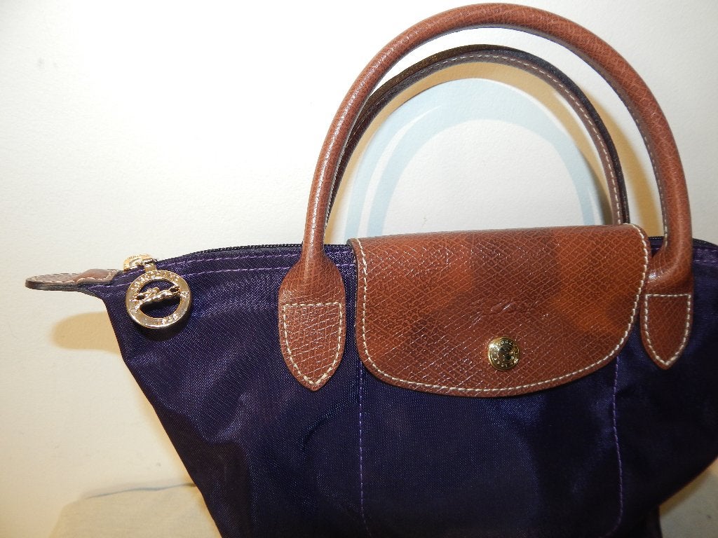 Longchamp aubergine paarse handtas met  buin leer, Verzenden, Zo goed als nieuw, Paars, Handtas