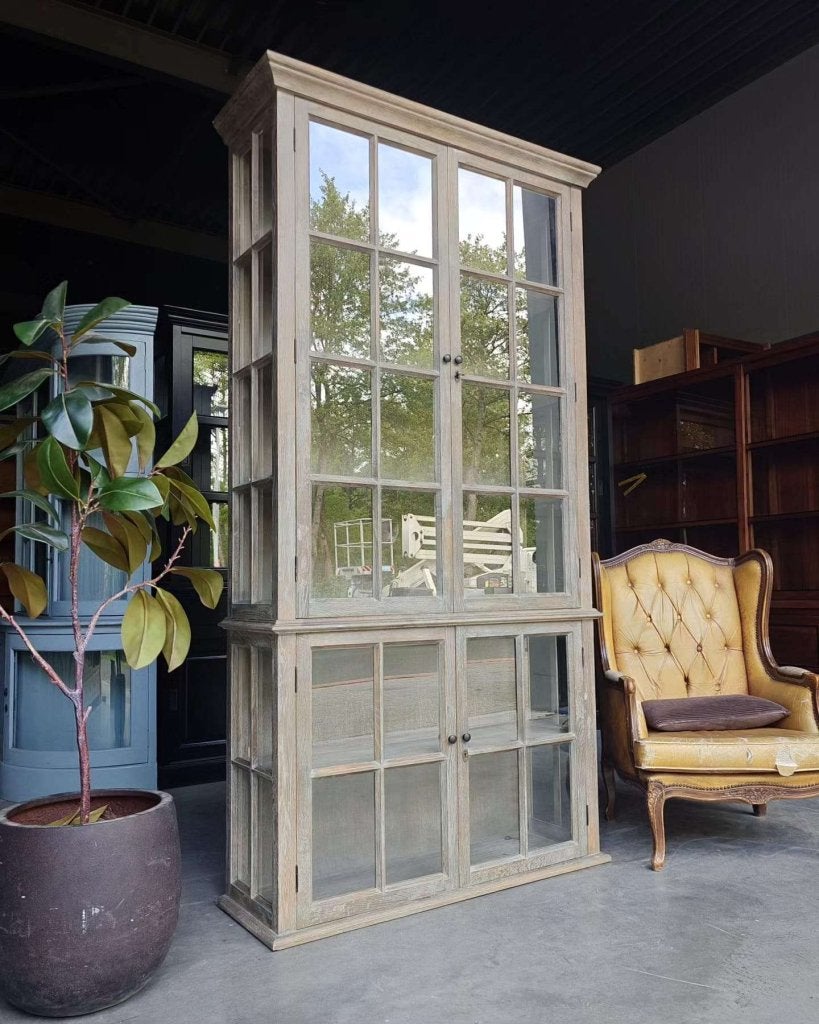 Hoge vitrinekast | Eikenhout Greywash | Servieskast #3690, Vintage / antiek, Gebruikt, 200 cm of meer, Vintage / antiek