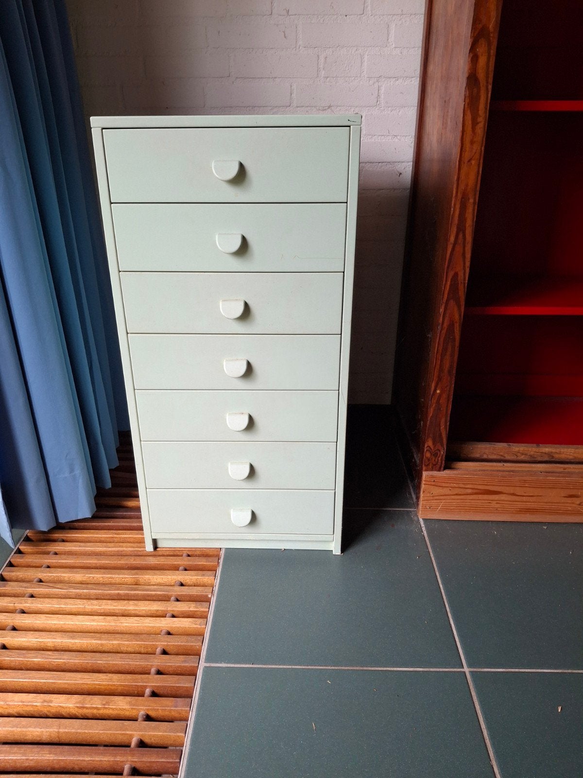 Vintage ladekastje met 7 lades - Lichtgroen, Minder dan 50 cm, Gebruikt, 5 laden of meer, Vintage