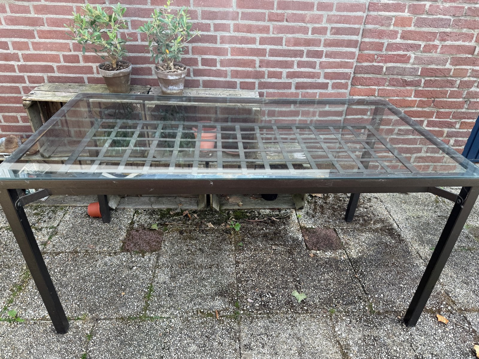 Tafel met glazen blad, Ophalen, Gebruikt, Rechthoekig, Metaal