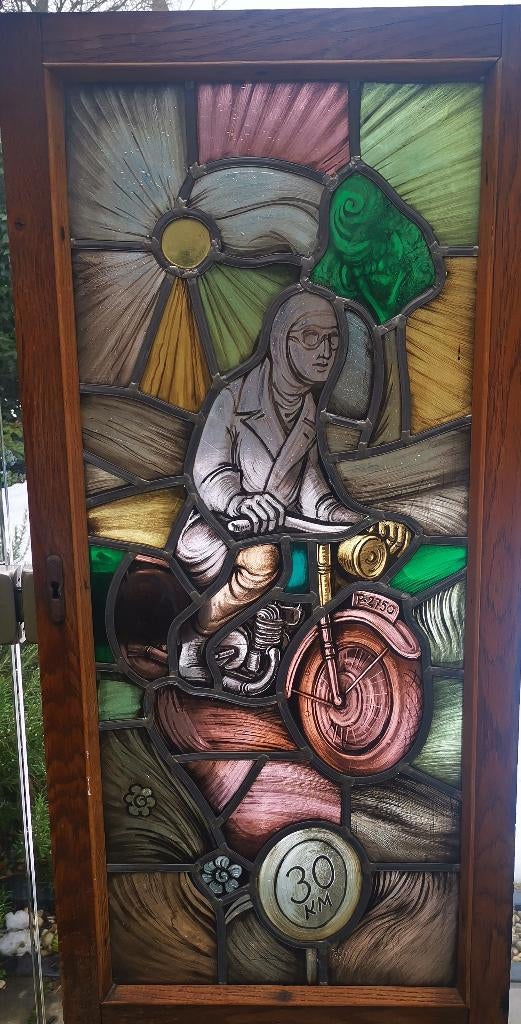 antiek Glas in Lood Kunstwerk motor Motorrijder Jos Eggen 53, Antiek en Kunst, Ophalen of Verzenden