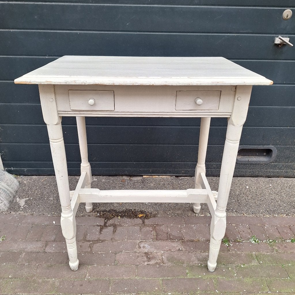 Antiek Wit Tafeltje / Bureautje / Sidetable met 2 Laden, Ophalen, Gebruikt, -, Hout