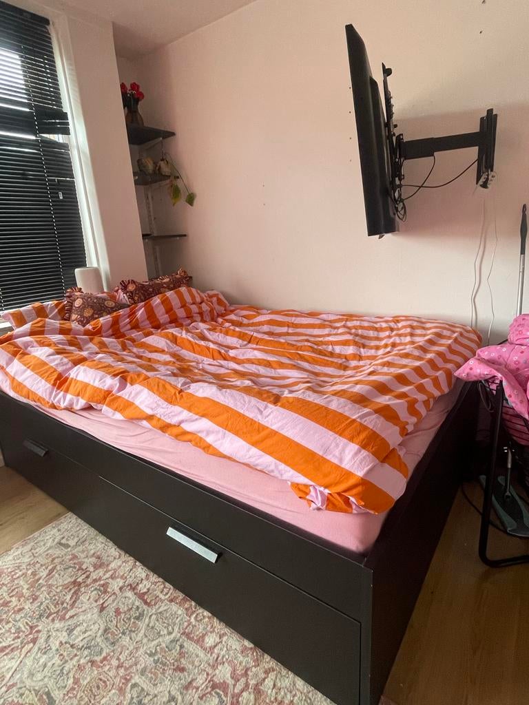 IKEA Brimnes bed 140x200 met lades, lattenbodem en matras, Ophalen, Zwart, Tweepersoons, 140 cm