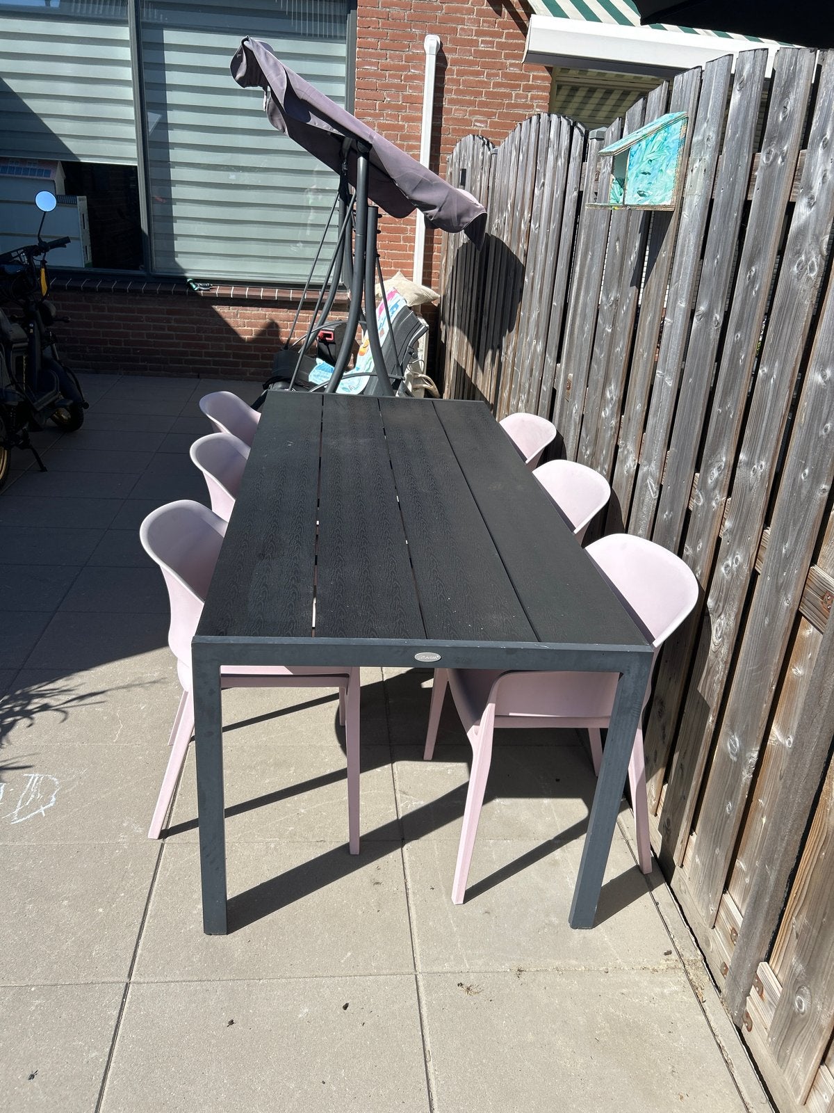 Jutlandia tuintafel met 6 stoelen - L205xB90xH74cm, Ophalen, Gebruikt, Eettafel, 6 zitplaatsen