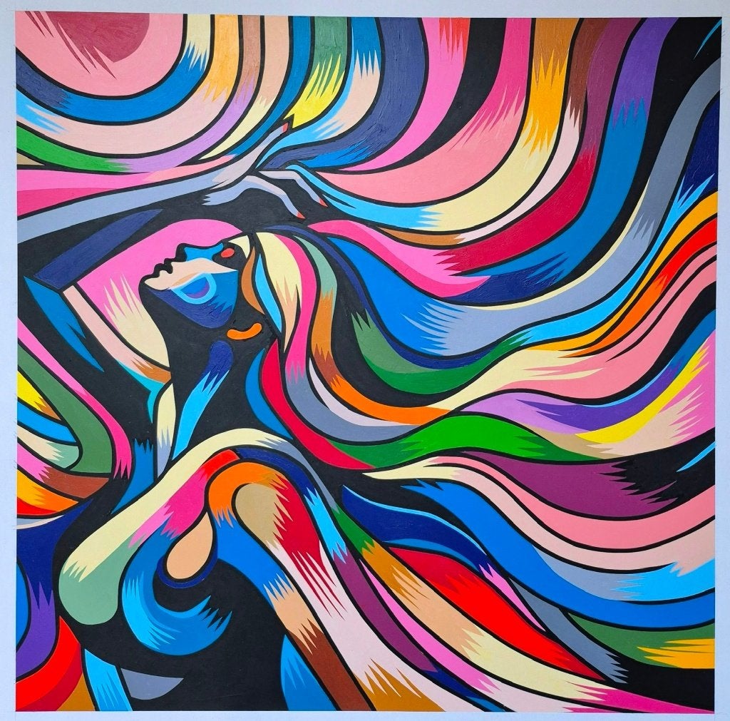 Schilderij Franklin van Dam - Psychedelisch Vrouwenfiguur, Abstract, Acrylverf, Hout, Handgeschilderd