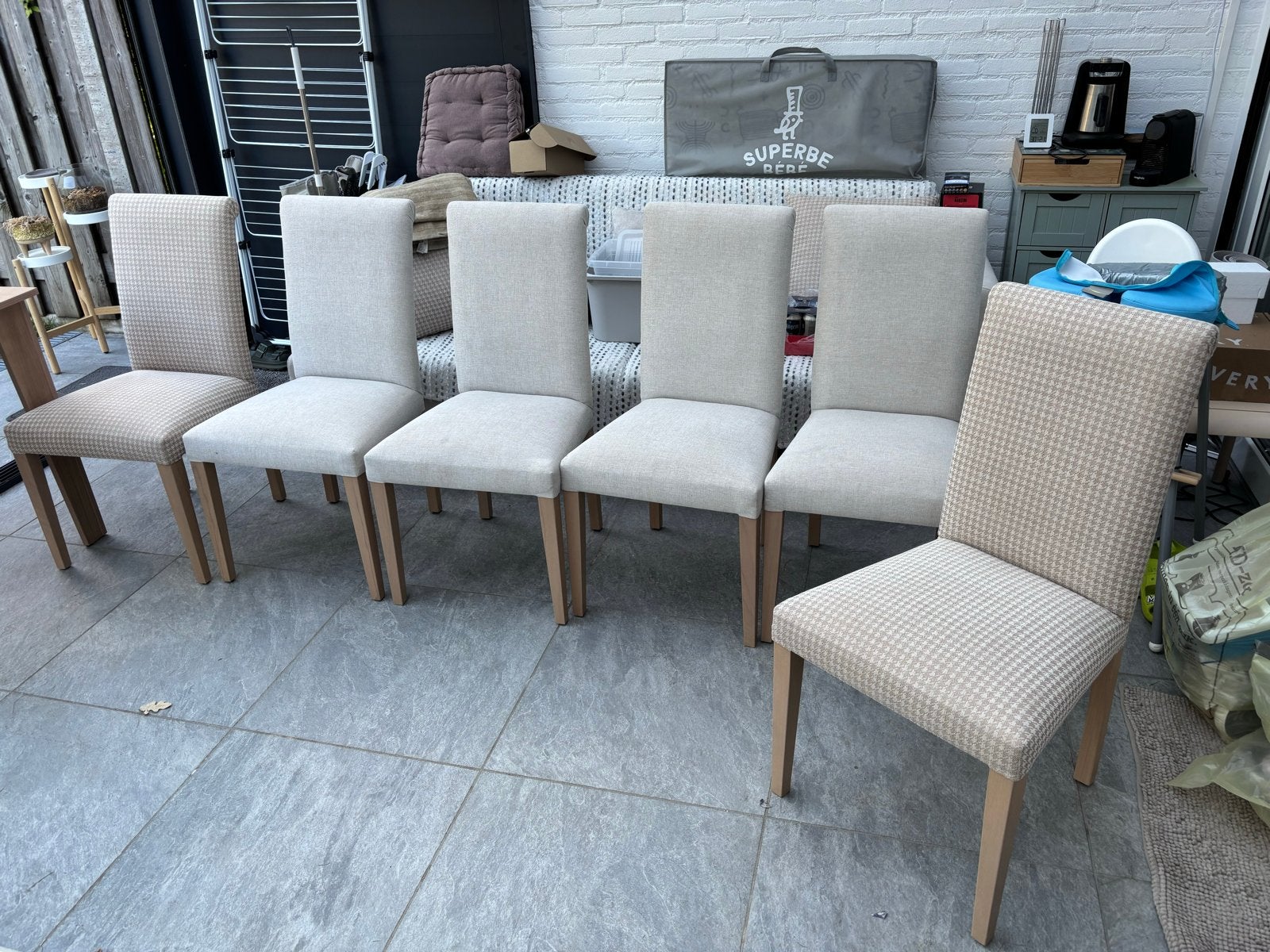 Set van 6 eetkamerstoelen - 4x beige, 2x geruit, Ophalen, Gebruikt, Overige kleuren, Vijf, Zes of meer stoelen