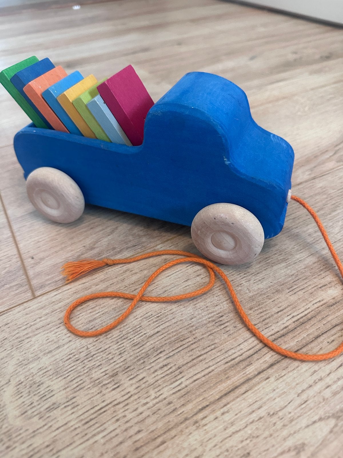 Grimms houten trekauto met regenboog blokken, Ophalen, Gebruikt, Duw- of Trekspeelgoed