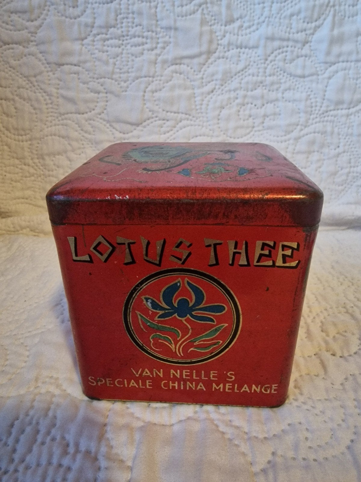 Vintage Van Nelle's Lotus Thee blik - Speciale China Melange, Verzamelen, Ophalen of Verzenden, Gebruikt, Thee, Van Nelle