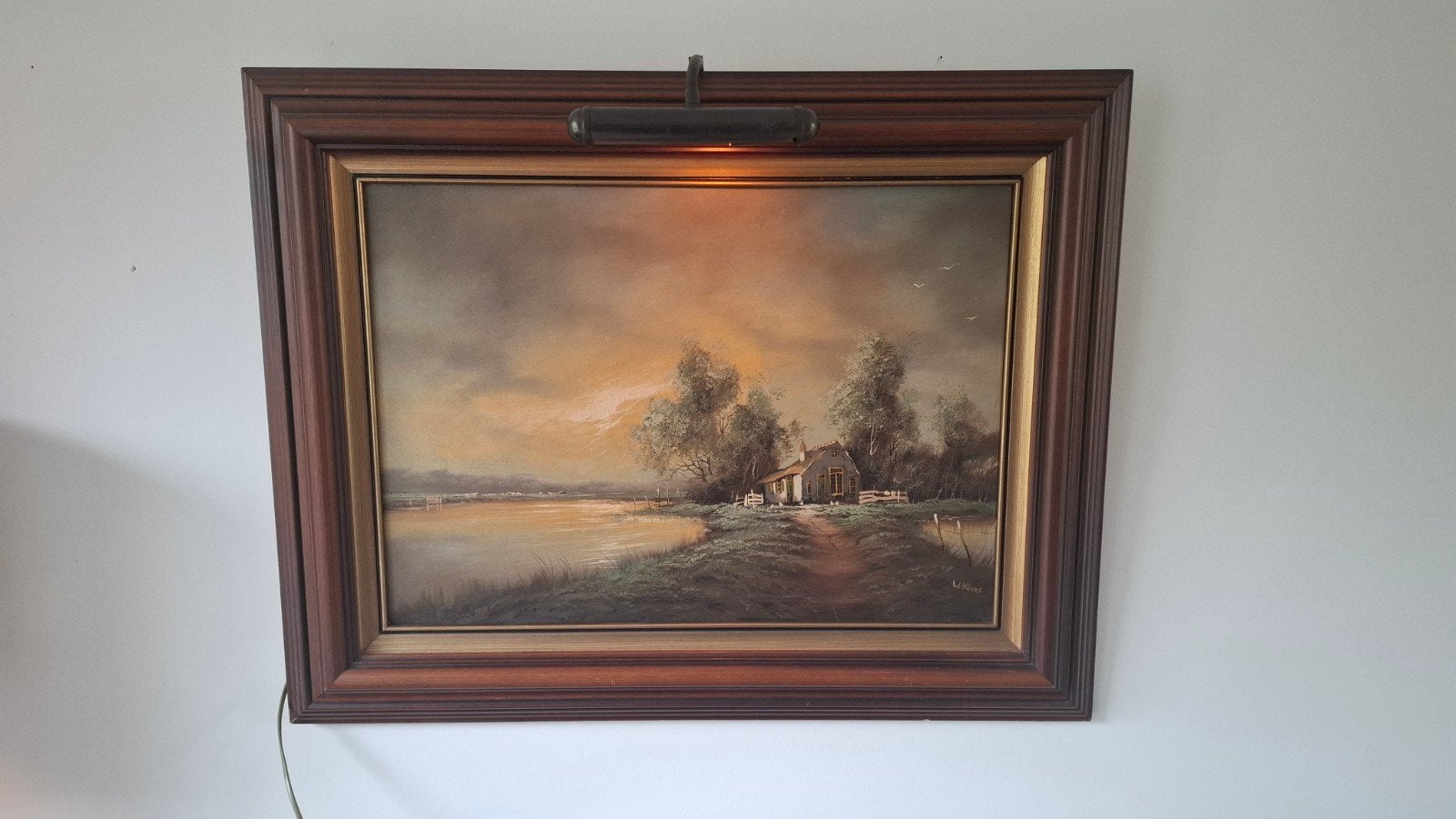 Schilderij gesigneerd W. Kloos –Hollands landschap met water, Antiek en Kunst, Ophalen, Doek, Realistisch, Landschap