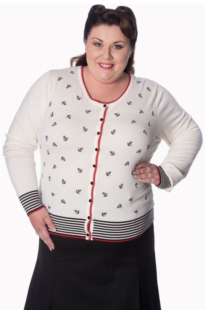 Banned Close Call Cardigan Wit Zwart Rood Ankers Rockabilly, Syal sp. z o.o,, Verzenden, Wit, Maat 46/48 (XL) of groter