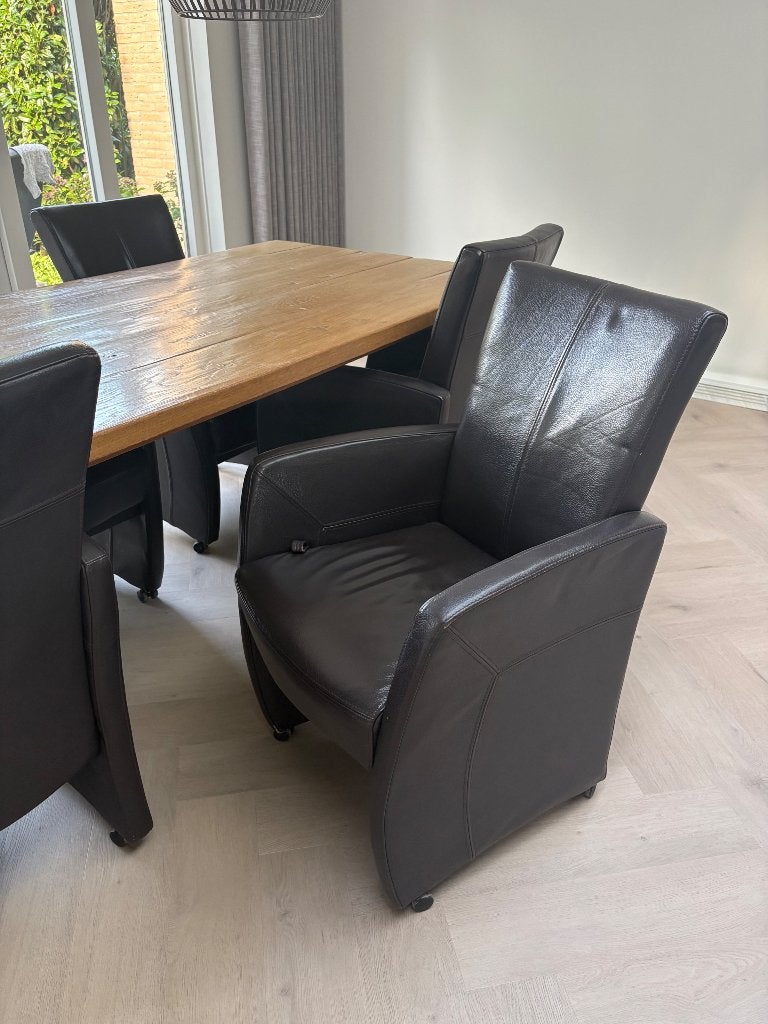 6 leren eetkamerstoelen, Ophalen, Gebruikt, Bruin, Leer