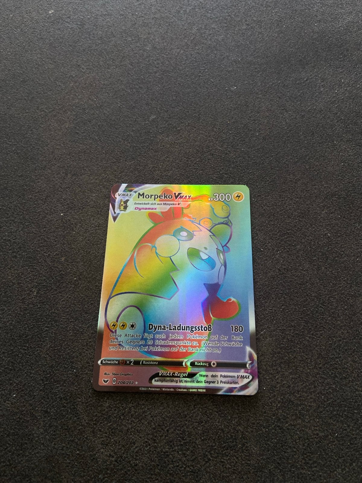 Morpeko VMAX 204/202 Rainbow Rare Pokémon Kaart, Ophalen, Zo goed als nieuw, Losse kaart, Foil
