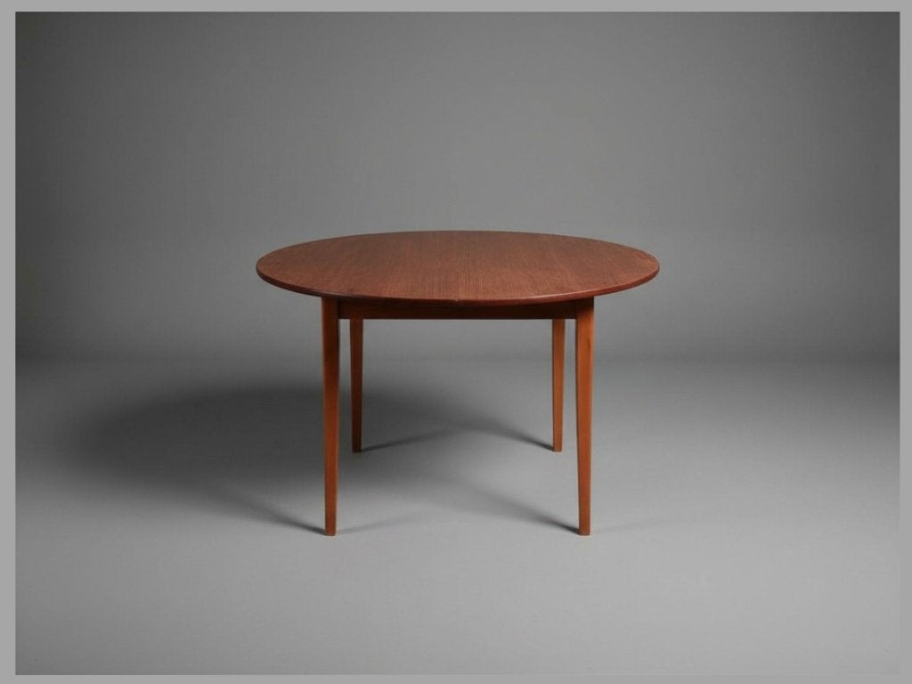 Vintage Scandinavische ronde teak eettafe, Huis en Inrichting, Tafels | Eettafels, Ophalen, Gebruikt, Mid century, Vier personen