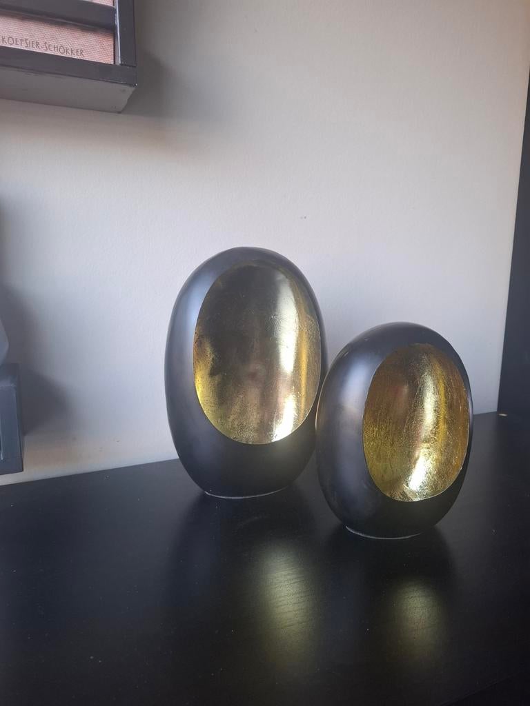 Set van 2 zwarte waxinelichthouders 'Egg' - 25 & 17 cm, Overige materialen, Zwart, Ophalen of Verzenden, Zo goed als nieuw