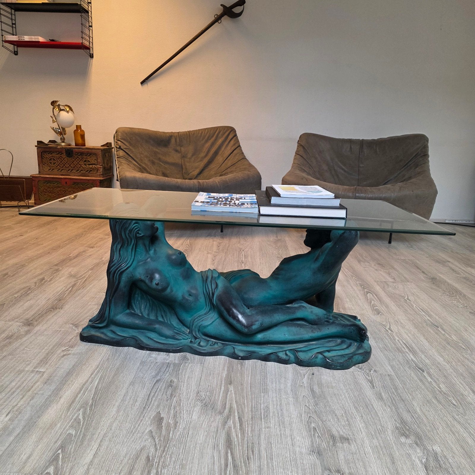 Vintage Hollywood Regency Salontafel - Sculptuur Man & Vrouw, Huis en Inrichting, Tafels | Salontafels, Gebruikt, 100 tot 150 cm