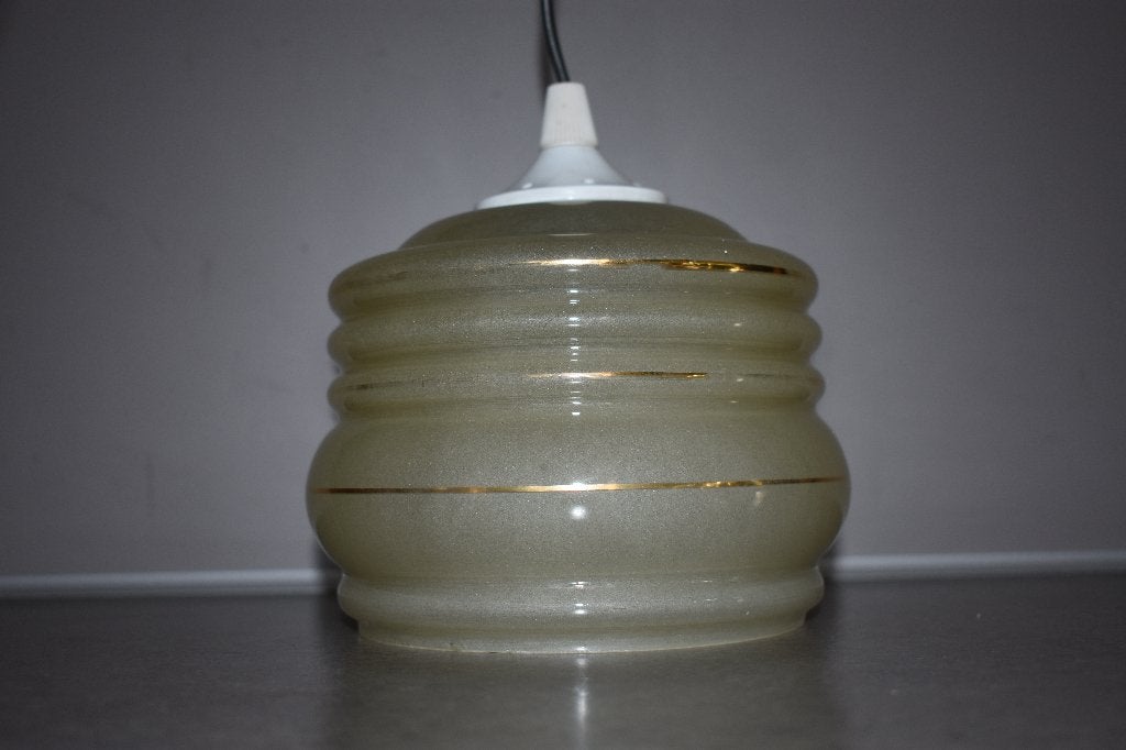 Hanglamp jaren 60 gouden biezen vintage geribbeld, Ophalen of Verzenden, Gebruikt, Glas