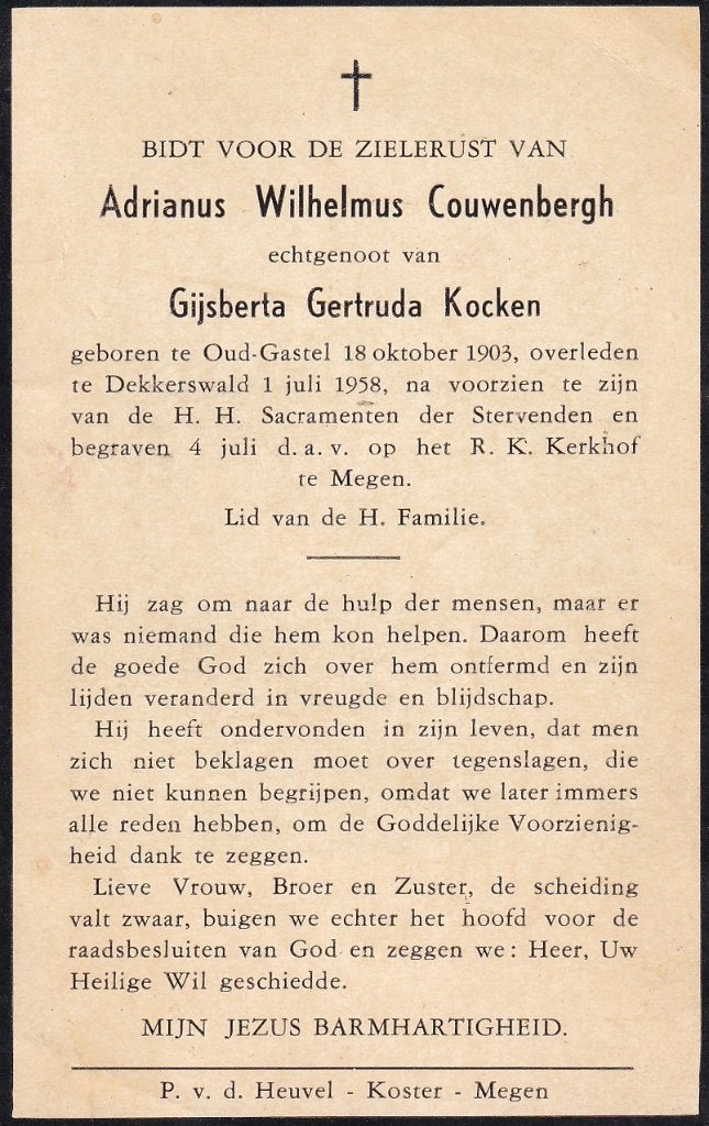 Couwenbergh Adrianus 1903 Oud Gastel 1958 Dekkerswald, Ophalen of Verzenden, Bidprentje