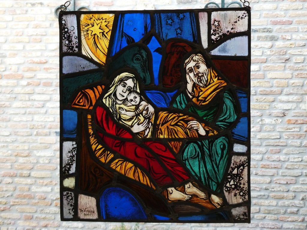 Gebrandschilderd glas in lood raam Kerststal - Theo Verbaal, Ophalen of Verzenden