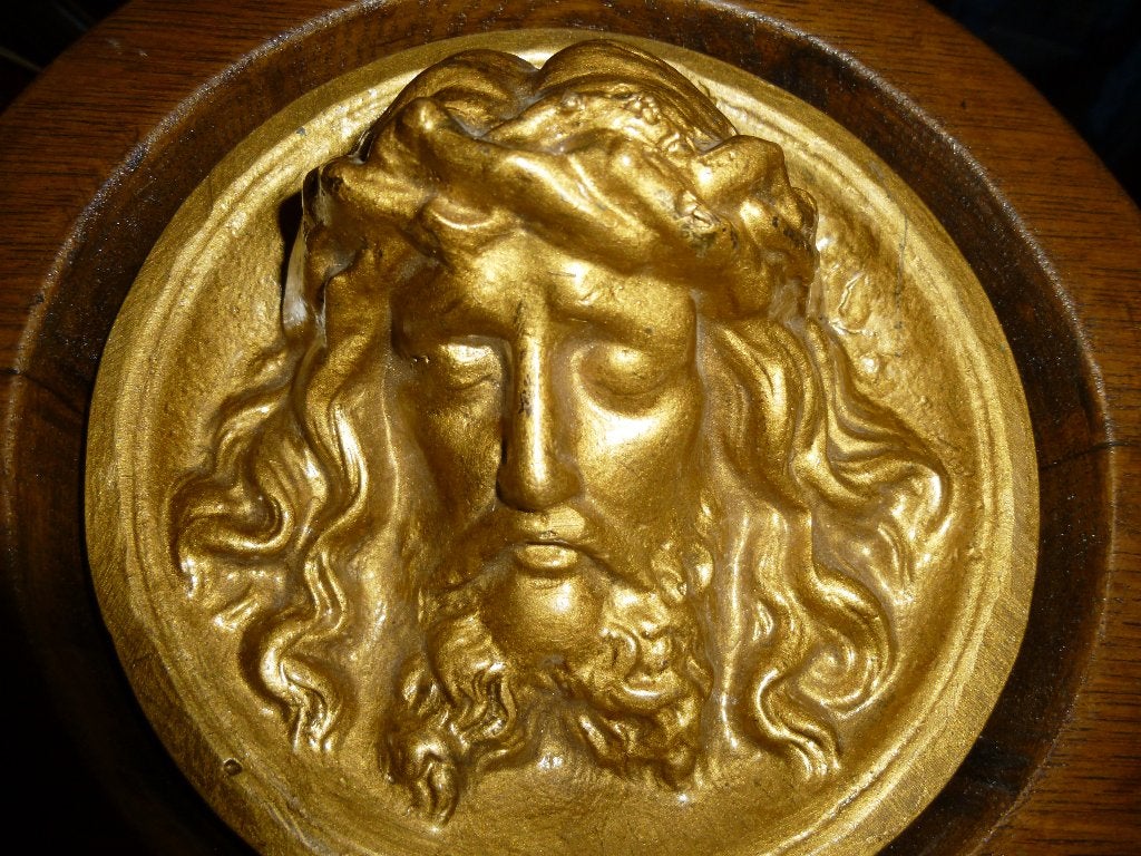 arts & craftsstijl brons in eiken lijst Jezus portret 2,5kg, Antiek en Kunst, Ophalen of Verzenden