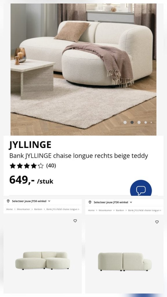 JYSK Jyllinge Chaise Longue Bank - Beige Teddy, Ophalen, Gebruikt, 125 tot 150 cm, Modern, Teddy, Comfortabel