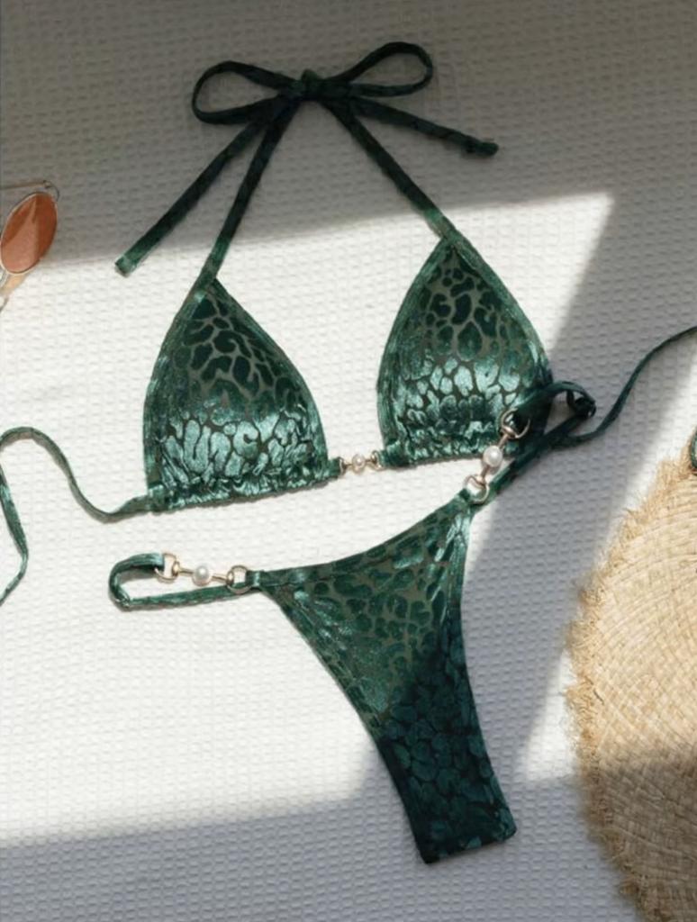 Groene luipaard bikini met parels, Kleding | Dames, Badmode en Zwemkleding, Verzenden, Nieuw, Groen, Bikini