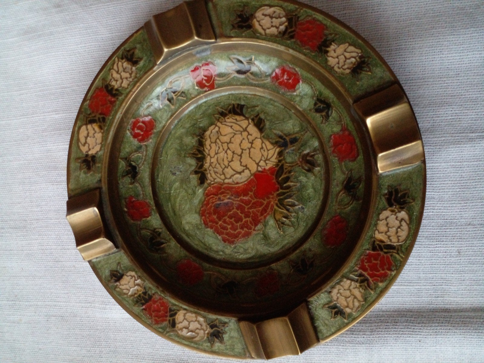 Vintage koperen asbak met emaille bloemmotief, Antiek en Kunst, Antiek | Emaille, Ophalen of Verzenden