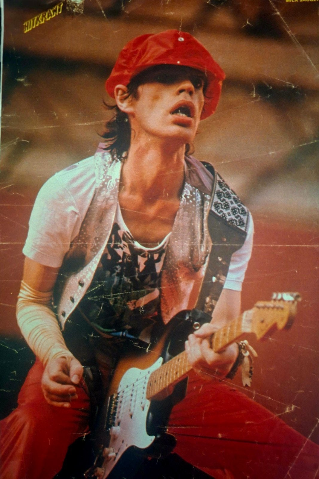 Vintage Hitkrant Poster: Mick Jagger met gitaar, Ophalen of Verzenden, Gebruikt, Poster, Artwork of Schilderij