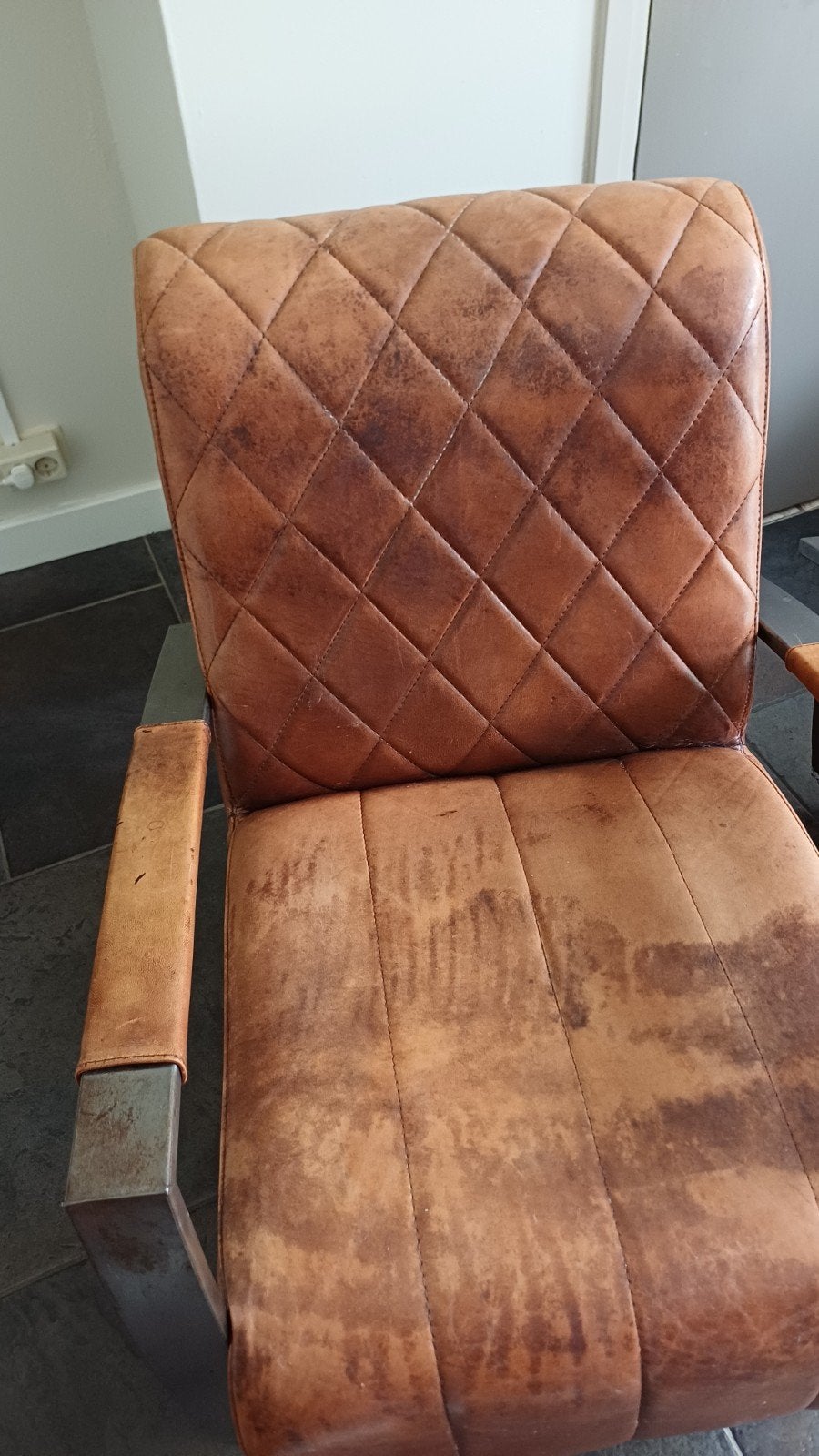 Set van 2 vintage cognac leren fauteuils met metalen frame, Huis en Inrichting, Stoelen, Ophalen, Twee, Bruin, Vintage, Industrieel