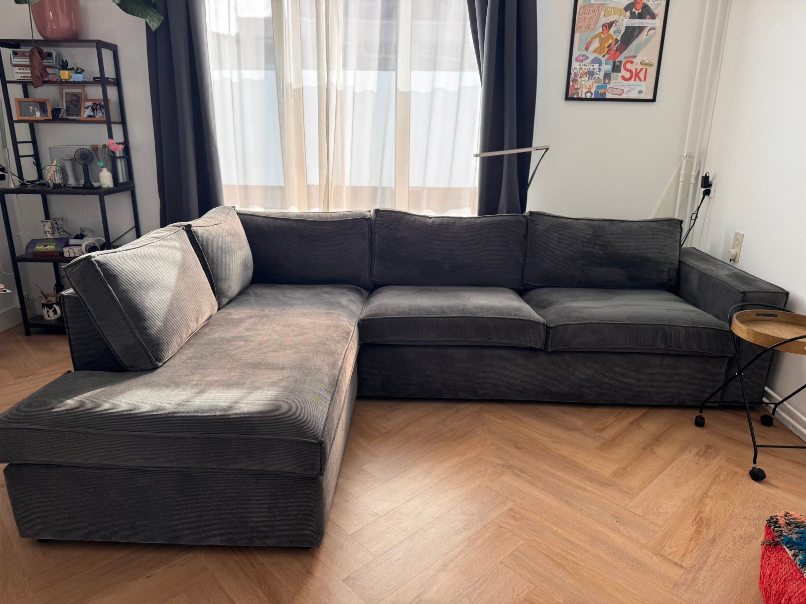 WOOOD Thomas hoekbank donkergrijs ribstof – Links, Ophalen of Verzenden, Zo goed als nieuw, 150 cm of meer, Vierpersoons of meer
