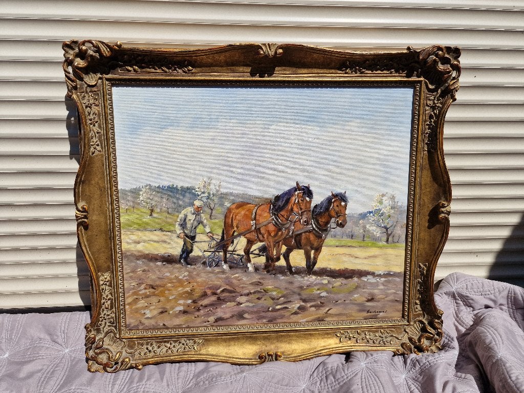 Schilderij boer met paarden op het land, Ophalen, Doek, Olieverf, Klassiek