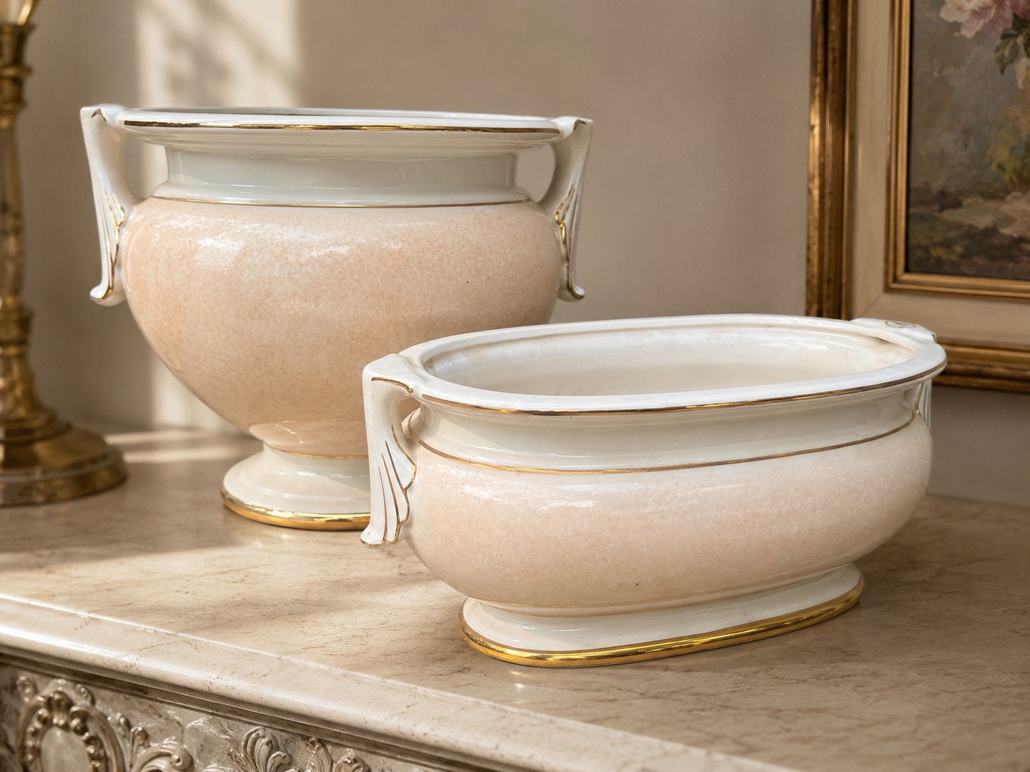 Grote vintage La Maison Handmade bloempotten jardinières set, Ophalen