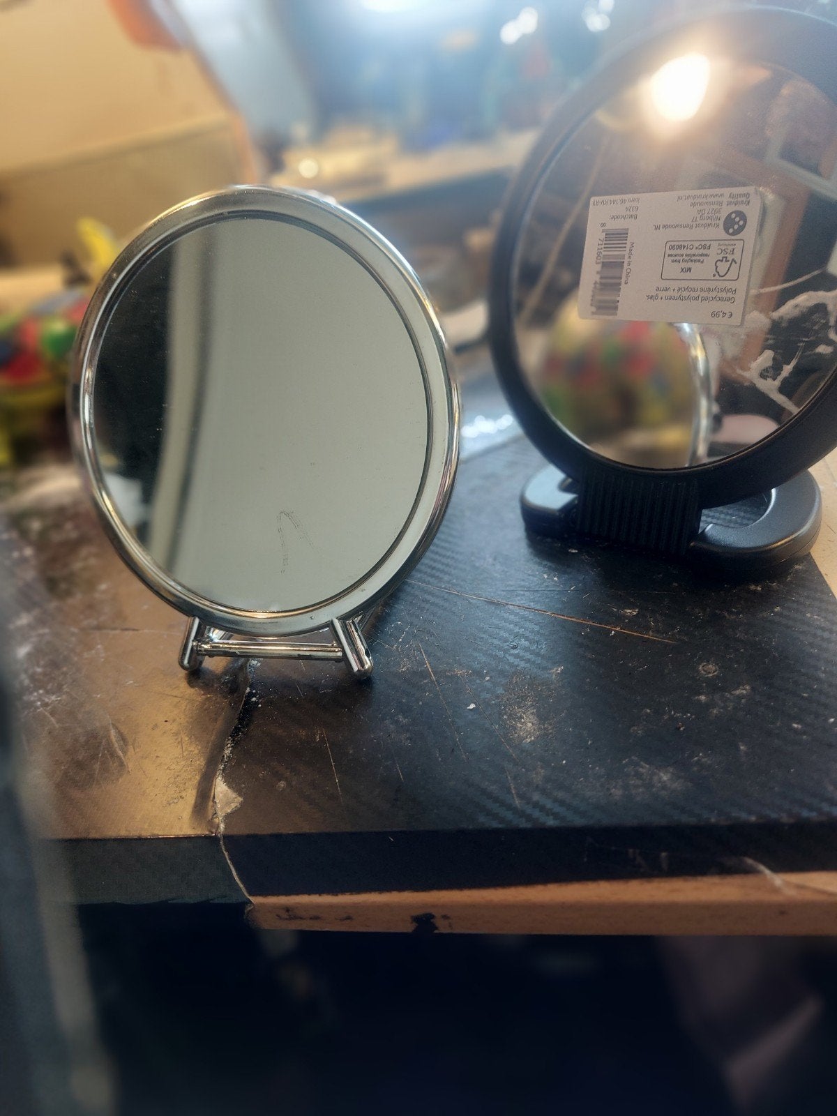 2 dubbelzijdige make-up spiegels (metaal & plastic), Minder dan 50 cm, Gebruikt, Rond, Ophalen of Verzenden