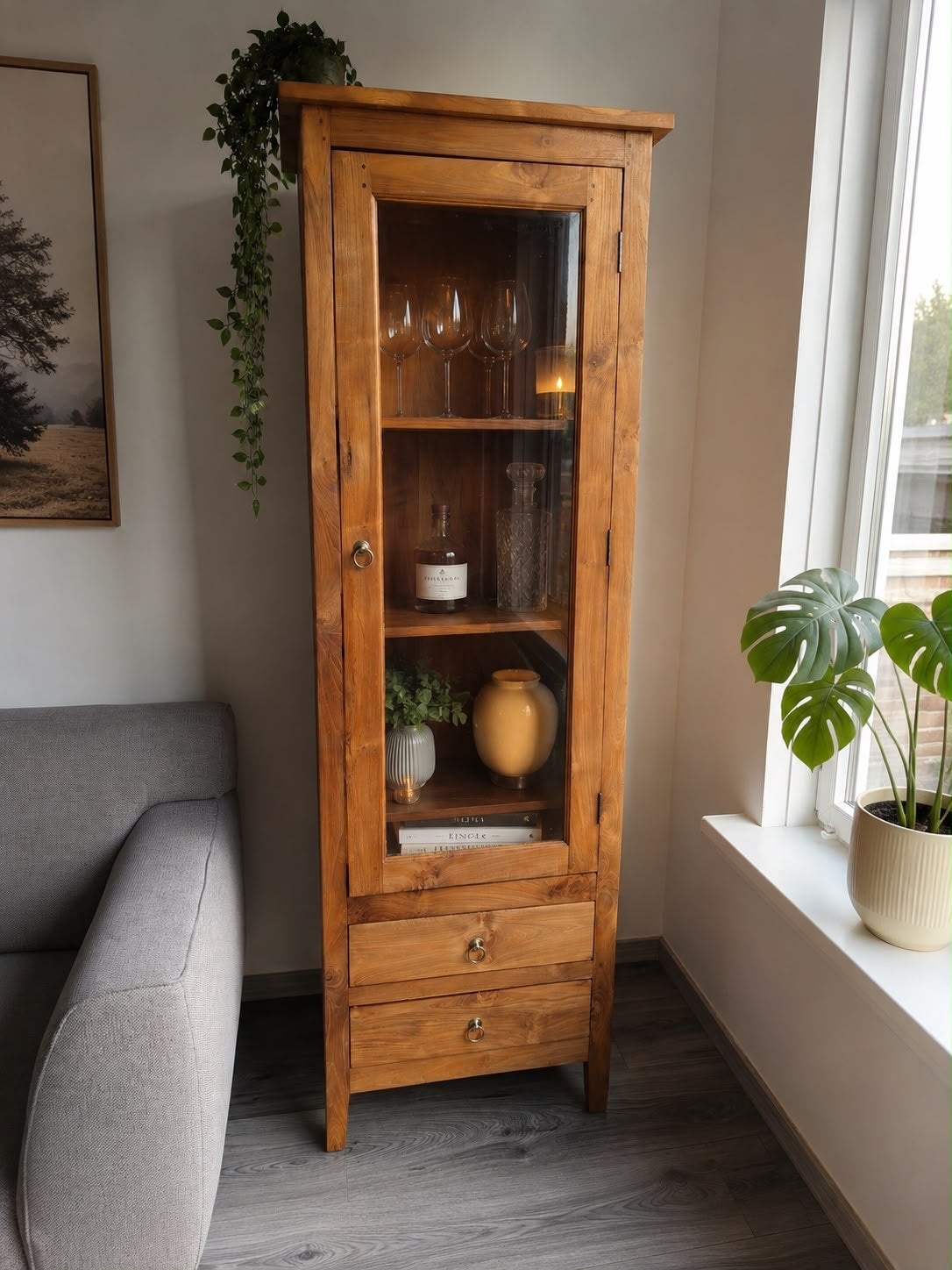 Massief Teakhouten Vitrinekast - Vintage Stijl, Ophalen, Minder dan 50 cm, Gebruikt, Met lade(s)