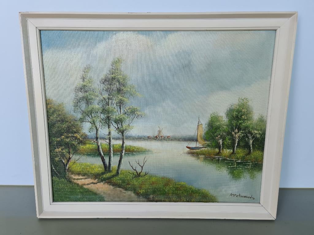 schilderij PMF v Herwaarden waterpartij wolkenlucht 56x46cm, Antiek en Kunst, Kunst | Schilderijen | Klassiek, Ophalen of Verzenden