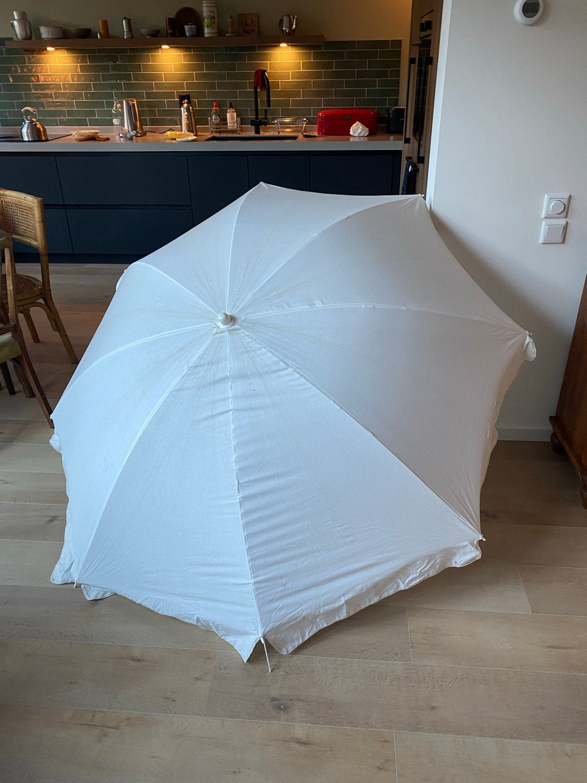 Parasol zonder voet - Wit, Tuin en Terras, Ophalen of Verzenden, Gebruikt, Stokparasol
