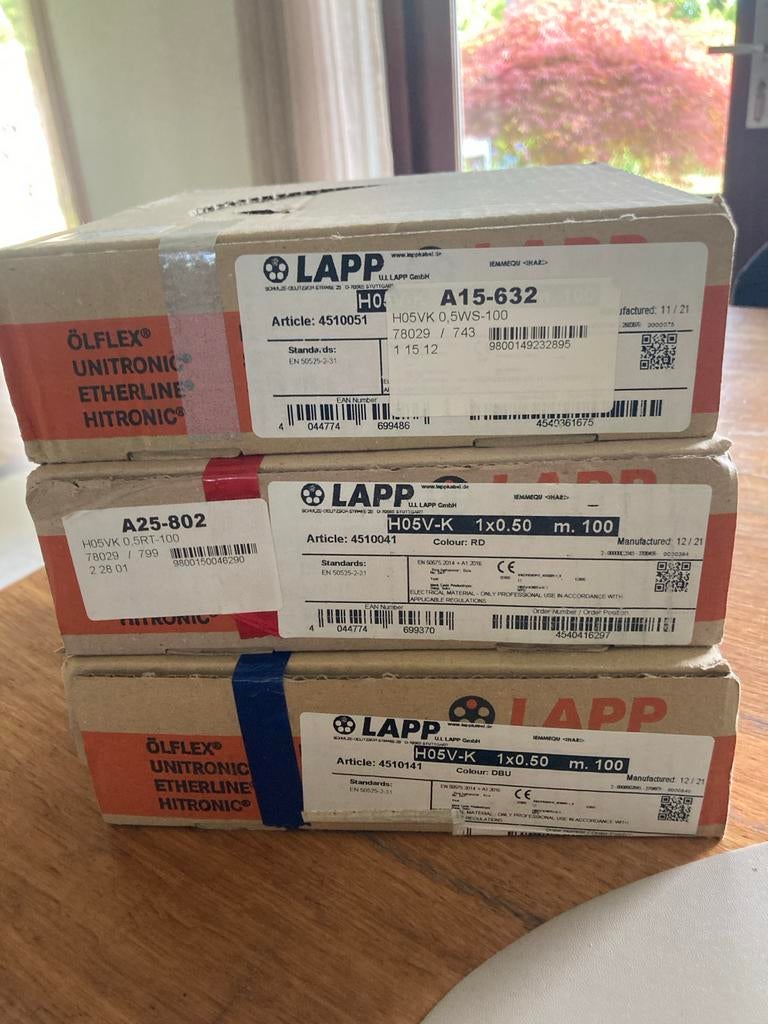 Lapp H05VK 0,5WS-100 en H05V-K 1x0.50 m. 100 kabels, Ophalen of Verzenden, Nieuw, Kabel of Snoer