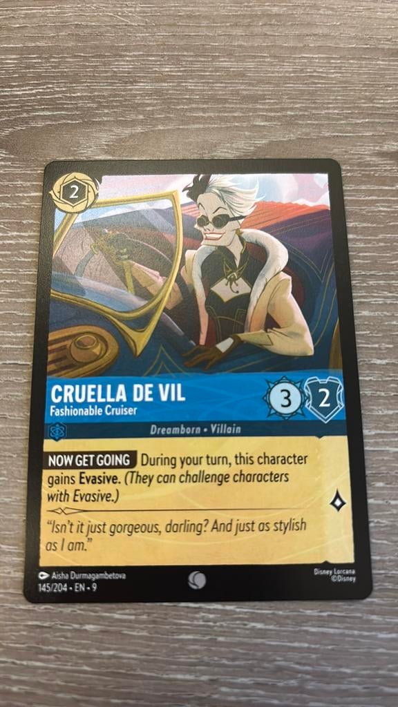 Disney Lorcana Cruella De Vil cruiser 145-204 9FAB nonfoil, Ophalen of Verzenden, Zo goed als nieuw, Losse kaart