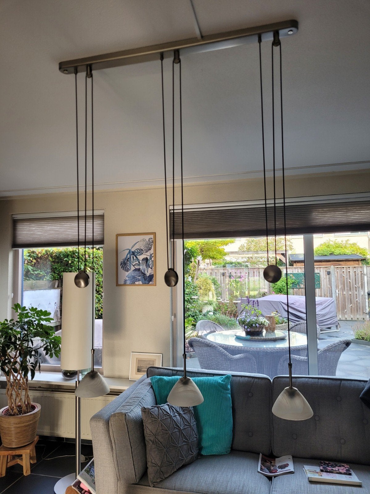 RVS Hanglamp met 3 verstelbare glazen kappen, Ophalen, E14 (klein), Zo goed als nieuw, Glas