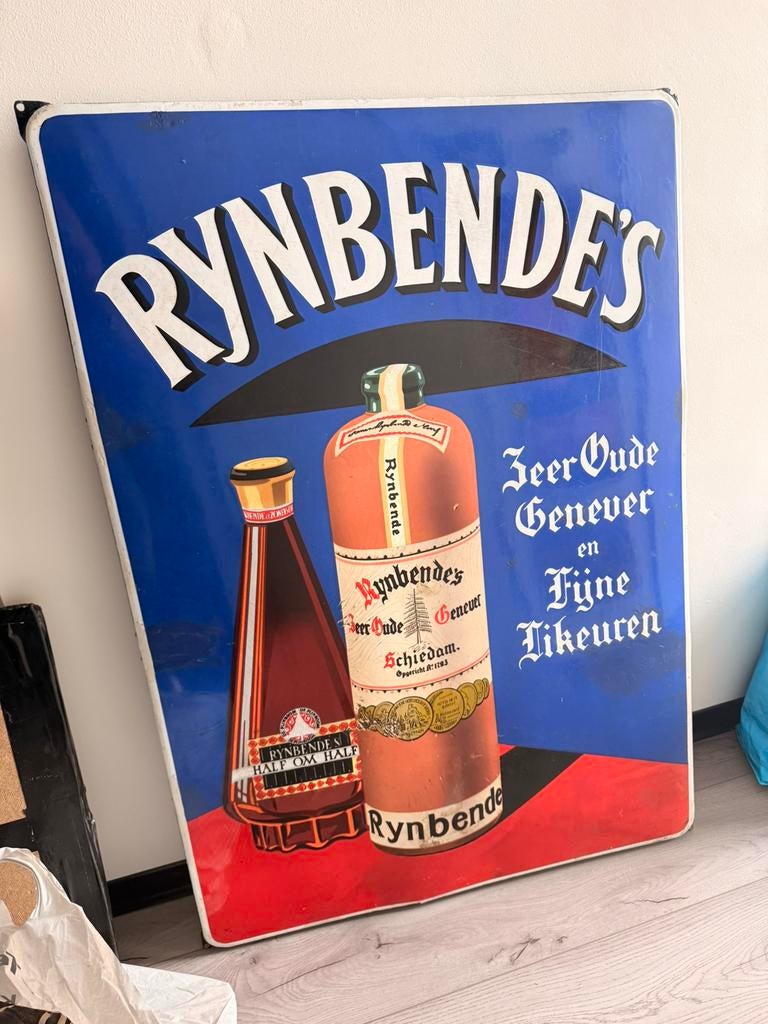 Emaille reclamebord Rijnsbende reclame bord oude jenever, Ophalen, Zo goed als nieuw, Reclamebord