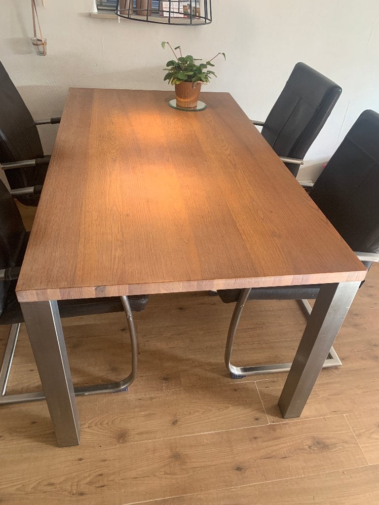 Massief eiken eetkamertafel / kantoortafel, Ophalen, Gebruikt, Eikenhout, 200 cm of meer