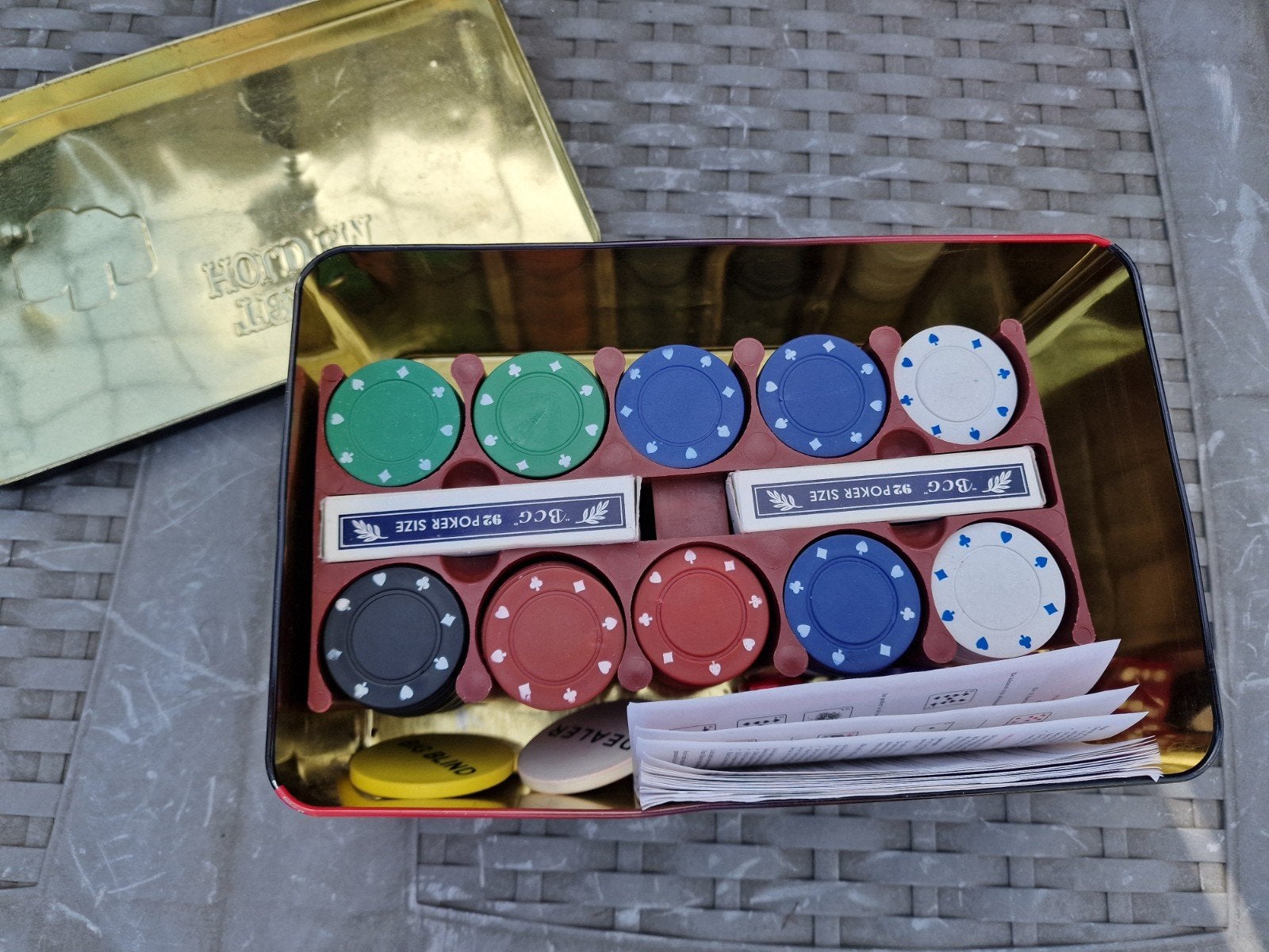 Poker set met fiches en kaarten in blikken doos, Drie of vier spelers, Ophalen of Verzenden, Gebruikt, Onbekend