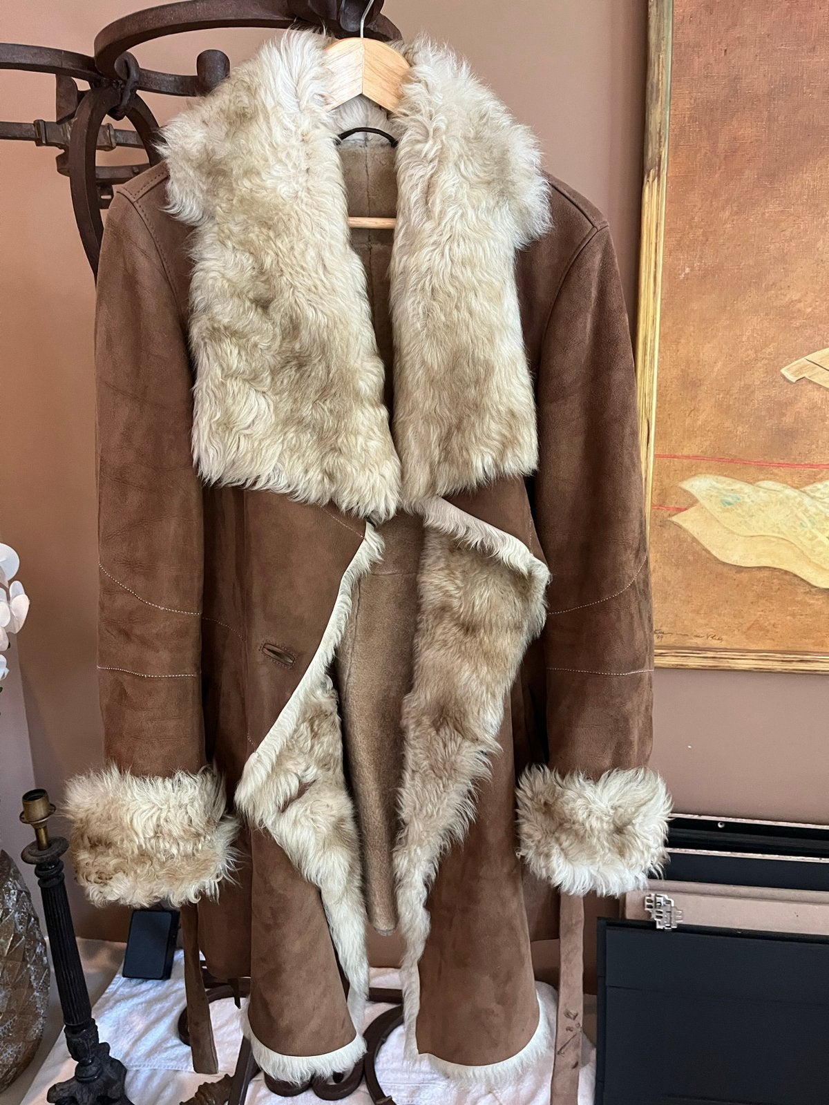 Leren Lammy Coat met Bontkraag en Manchetten - Maat 38/40, Kleding | Dames, Ophalen of Verzenden, Gedragen, Maat 38/40 (M), Bruin